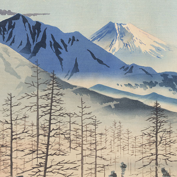 - 20% sconto Shinhanga originale, prima edizione,Tomikichirō Tokuriki, Vista in lontananza del Fuji dalla stazione Shinshu Kiyosato,1936-40 - immagine 3