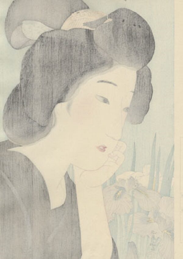 Shinhanga in stile bijinga,Kondō Shiun, Bellezza giapponese e fiori di iris,1924 - immagine 2