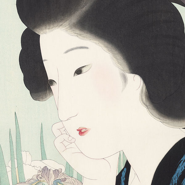 Shinhanga in stile bijinga,Kondō Shiun, Bellezza giapponese e fiori di iris,1924 - immagine 3