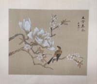 Bellissimo dipinto a mano su seta Cina raffigurante un uccello tra vegetazione e fiori, epoca metà '900