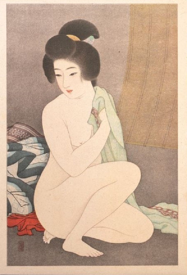 QU-81 Hirano Hakuho, Dopo il bagno, stampa litografica di pregio,1932 c.a. - immagine 1