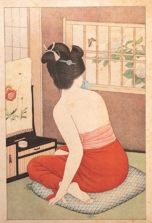 QU-82 Hirano Hakuho, Dopo il bagno, stampa litografica di pregio,1932 c.a. - immagine 1