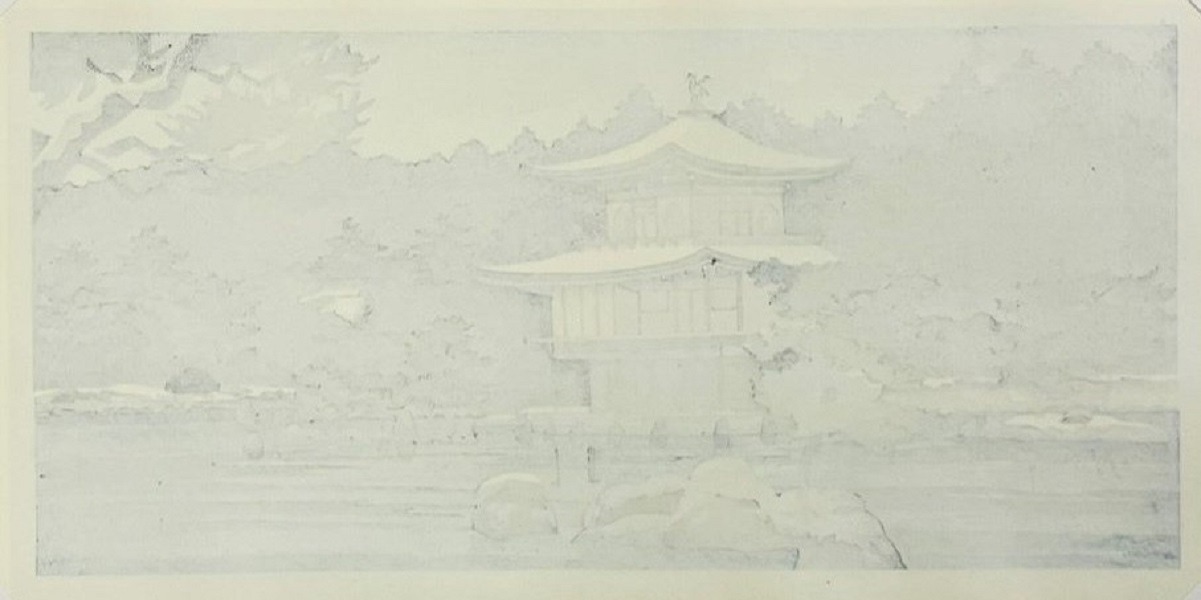 QU-729a Masao Ido, Inverno al tempio Kinkakuji, Shosaku hanga originale - immagine 2