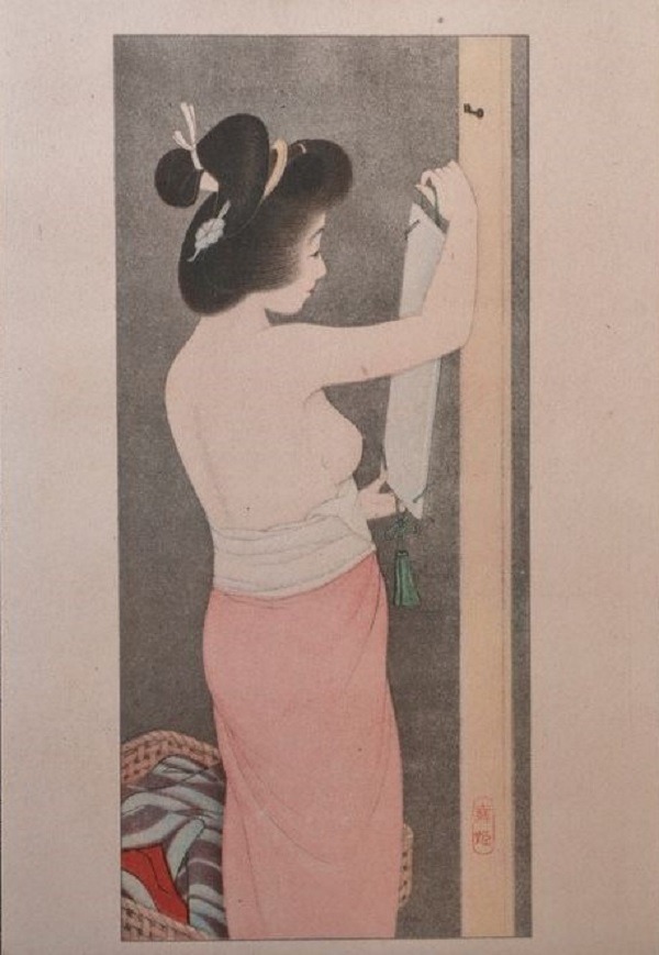 QU-96 Hirano Hakuho, Dopo il bagno, stampa litografica di pregio,1932 c.a. - immagine 1