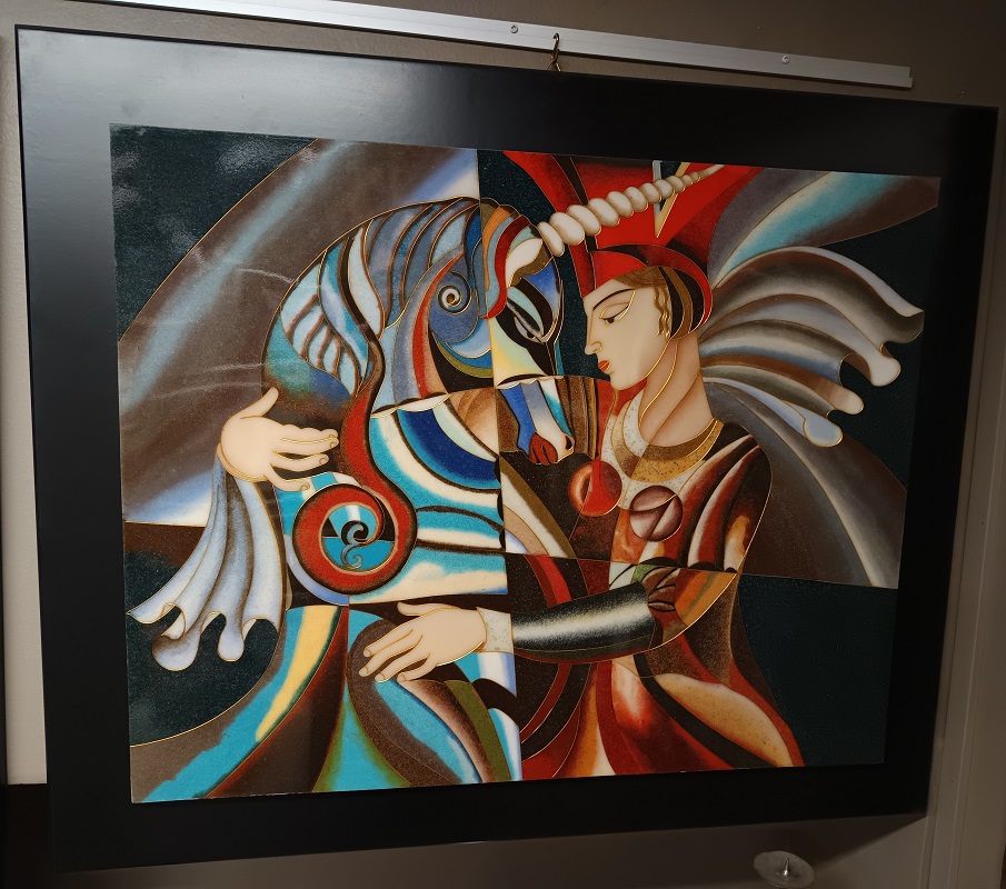 QU-30 Quadro tecnica cloisonné, Magia mistica, l'abbraccio dell'unicorno,1980 - immagine 1